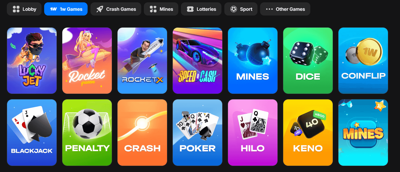 1win Games Collection: Play Lucky Jet, Rocket Queen, Mines, and Crash Games Grid of popular 1win online casino games including Lucky Jet, Rocket Queen, Mines, Dice, Coinflip, and Crash game tiles